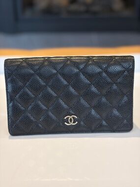 Authentic CHANEL Black Quilted Caviar Leather Wallet with Silver CC
